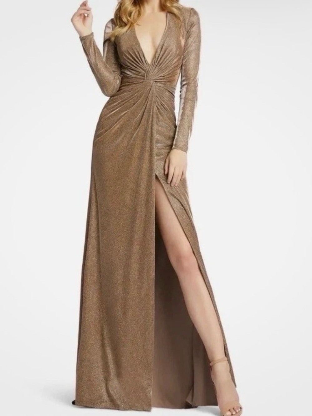 NWT - IEENA FOR MAC DUGGAL - Bronze Front Twist V Neck Long Sleeve Gown- Size 10